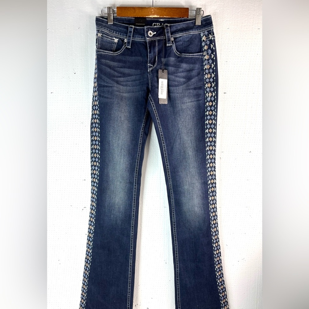 Grace in LA 29x Boho Indigo Embroidered Boot Leg Jeans - Picture 13 of 13